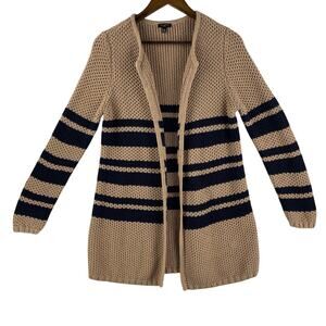 Talbots Pique Stripe Open Front Women’s Cardigan SZ Petite Med Tan/ Navy Stripe